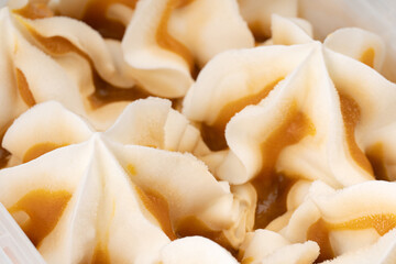 Plastic container with vanilla and caramel swirl ice cream isolated on white background. Frozen...