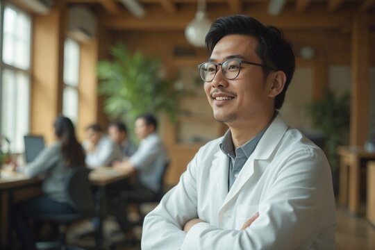 Candid Medium Shot of a Relaxed Male Asian Scientist Listening Intently in a Bustling Open-Plan Office