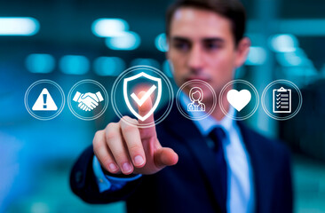 Businessman Touching Virtual Security and Healthcare Interface Icons. Health care Virtual Button Technology icon 