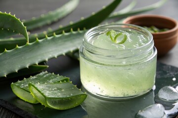Refreshing natural aloe vera gel in a clear glass jar surrounded by fresh aloe plant leaves and slices on a dark surface