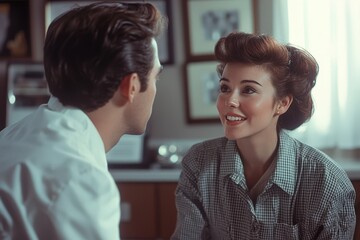 Smiling retro couple, intimate moment.