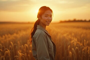 Stunning Golden Hour Portrait of a Female Asian Scientist in a Vast Wheat Field at Sunset, Symbolizing Agricultural Innovation