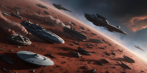 Futuristic Spacecraft Hovering Over Red Barren Landscape Under Dark Sky

