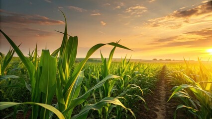 Golden sunset illuminates a lush green cornfield with dramatic clouds and warm light casting long shadows across the rows of crops