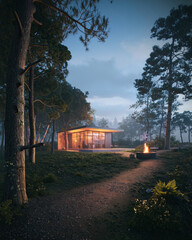 Beautifully lit modern house with large windows, situated amidst trees, creating a peaceful and welcoming outdoor environment.