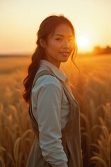Stunning Golden Hour Portrait of a Female Asian Scientist in a Vast Wheat Field at Sunset, Symbolizing Agricultural Innovation