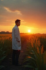 Cinematic Wide-Angle Shot of an Asian Scientist in a Field of Experimental Crops at Sunset