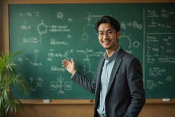 Medium Shot of a Male Asian Scientist in His 30s Presenting Data on a Digital Whiteboard in a Modern Office