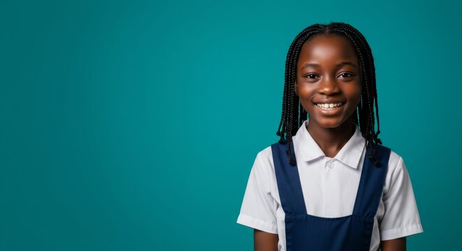Confident smiling schoolgirl in uniform against vibrant teal background ready for education success