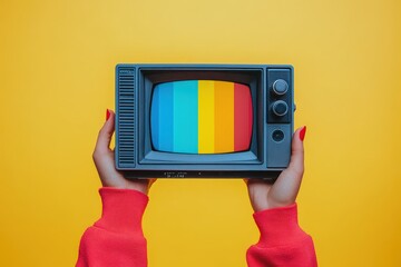 Woman holding retro TV with colorful screen