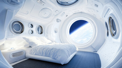 A futuristic, sci-fi style bedroom with a sleek, white interior on a space station