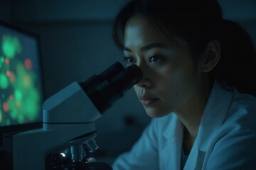 Dramatic Close-Up of an Asian Scientist's Face Illuminated by the Ethereal Glow of a Petri Dish in a Dark Room