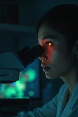Dramatic Close-Up of an Asian Scientist's Face Illuminated by the Ethereal Glow of a Petri Dish in a Dark Room