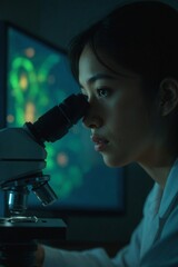 Dramatic Close-Up of an Asian Scientist's Face Illuminated by the Ethereal Glow of a Petri Dish in a Dark Room