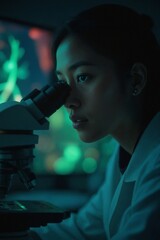 Dramatic Close-Up of an Asian Scientist's Face Illuminated by the Ethereal Glow of a Petri Dish in a Dark Room
