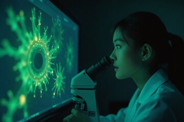 Cinematic Close-Up of a Young Asian Scientist's Face Illuminated by a Glowing Screen in a Dark Laboratory