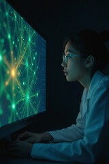 Cinematic Close-Up of a Young Asian Scientist's Face Illuminated by a Glowing Screen in a Dark Laboratory