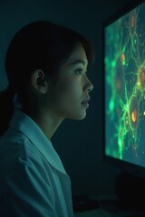 Cinematic Close-Up of a Young Asian Scientist's Face Illuminated by a Glowing Screen in a Dark Laboratory