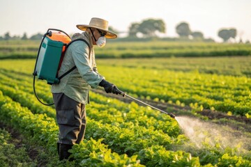 Farmer wearing a hat and protective gear sprays crops in a lush green field with a backpack sprayer during a sunny day