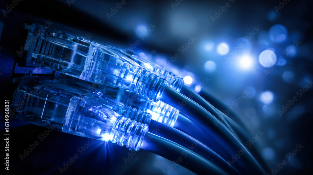 Poster a network switch with glowing blue data cables in an internet server room