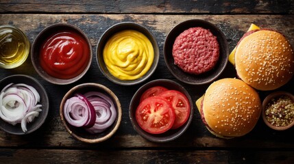 Fresh Burger Ingredients with Sliced Tomato Onion Ketchup Mustard and Hamburger Buns on Rustic Wooden Surface