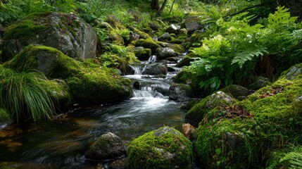 Obraz premium Serene Forest Stream Flowing Over Mossy Rocks Surrounded by Green Foliage