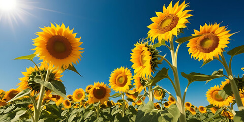 Sunny Field of Tall Sunflowers Under Clear Blue Sky

