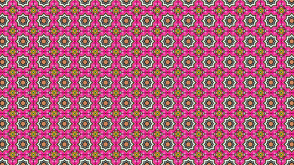 A repeating pattern of pink flowers and stars with yellow and brown accents on a white background