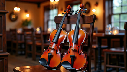 Live music with fiddles featuring stringed musical instruments in pub setting.
