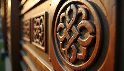 Celtic decorations on wall, Celtic decorations on wall showcasing intricate woodwork and symbolic designs. Decorative Celtic decorations on wall, close up of ornate details.