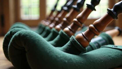 Traditional Scottish bagpipes displaying wood and green material. Scottish bagpipes create music, filling room with unique sound. Traditional Scottish bagpipes enhance festivals and celebrations.