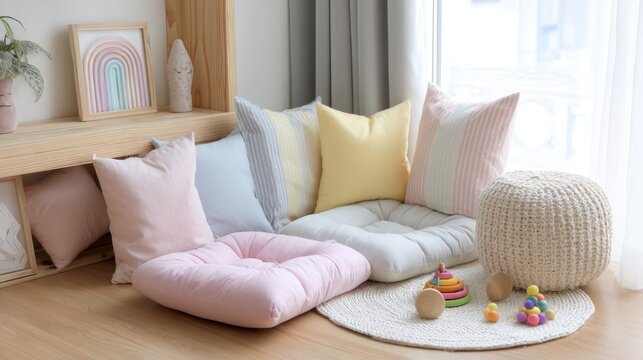 Cozy calm corner in classroom with soft cushions and sensory toys for autistic child, warm pastel tones, inviting space