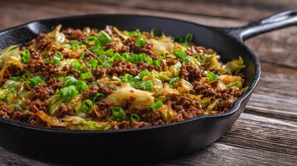 Fototapeta premium Keto ground beef stir fry with cabbage and soy sauce in a cast iron skillet for a nutritious meal
