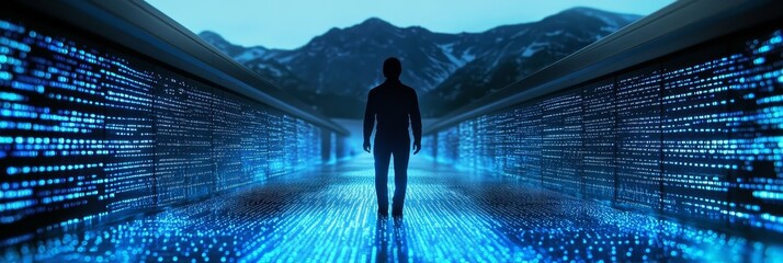 A Person Striding Confidently Through a Digital Landscape with Mountains in the Background