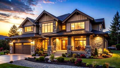 Luxurious two-story home at twilight, showcasing stone, wood, and landscaping