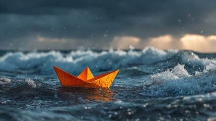Obraz premium Nice photo of orange paper boat navigates turbulent ocean waves under stormy skies. Sunlight breaks through clouds, illuminating fragile vessel battling rough seas. Hope.