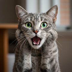 Fototapeta premium Surprised Gray Tabby Cat with Wide Eyes and Open Mouth - Shocked, Scared, or Playful Kitten
