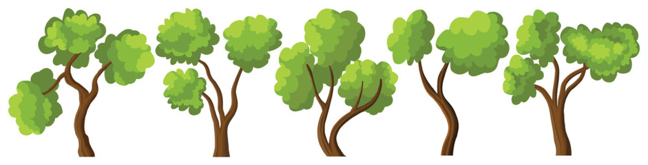 Cartoon trees set isolated on white. Cute green plants, forest background. Used for illustrate any nature or healthy lifestyle topic. Simple flat style vector illustration. Coniferous and deciduous 