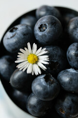 Large blueberries in a tin mug decorated with chamomile, top view. summer mood