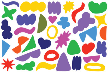 Set of childish colorful doodle modern abstract geometric shapes background for child. Groovy funky flowers, bubble, stars, loops and waves in trendy retro cartoon style illustration with wavy element