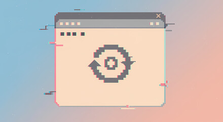 Pixel art browser window displaying a refresh symbol, glitch effect.