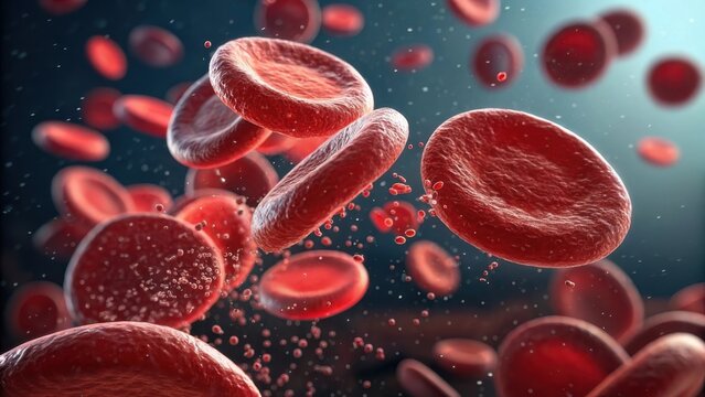 Close up view of circulating red blood cells in a vibrant detailed and microscopic medical illustration with a dark blue background