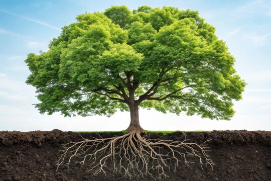 A vibrant green tree with a full canopy of leaves stands tall above a cross section of rich soil revealing its extensive root system