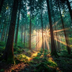 Fototapeta premium Nice photo of silent Forest in spring with beautiful bright sun rays.