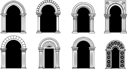 Art Deco arch window and door frames, entrance doorways, and gateways, featuring modern architectural line drawings. Ancient classical architecture with arched doors reminiscent of Medieval temples