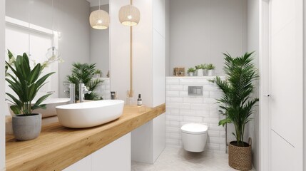 eco style small toilet, plant decor, raw wood countertop, frameless mirror, clean light feel
