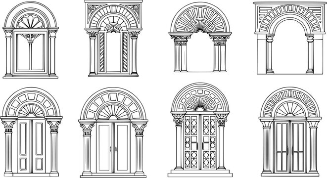 Art Deco arch window and door frames, entrance doorways, and gateways, featuring modern architectural line drawings. Ancient classical architecture with arched doors reminiscent of Medieval temples