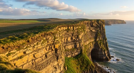 Dramatic coastal cliffs meet the ocean at sunrise, showcasing layered rock formations and grassy slopes.