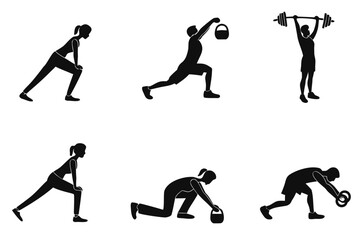 Fitness Silhouette Icons People Exercising with Weights and Stretching.