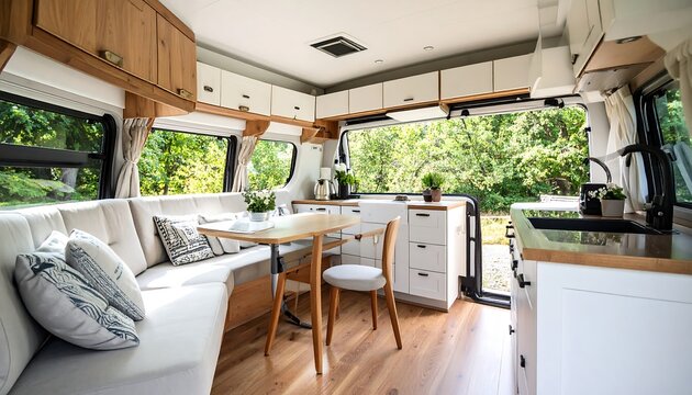 Light-filled campervan interior with wood and white cabinets, a dining area, and kitchen